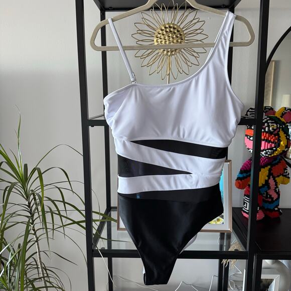 Blooming Jelly Black White One Shoulder Mesh Panel One Piece Swimsuit Women’s XL - Picture 1 of 6